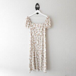 Francesca’s Size Medium Brown White Floral Smocked Midi Dress Short Sleeve Slit